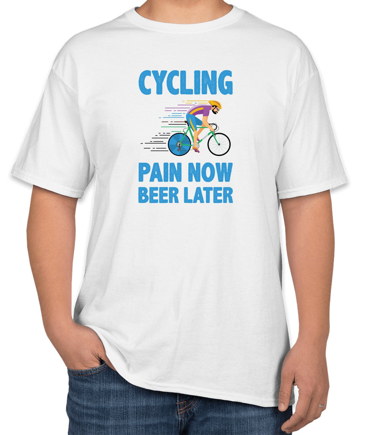 White Cotton T-Shirt with "Cycling: Pain Now Beer Later" Text | Half Sleeve | Sizes S, M, L