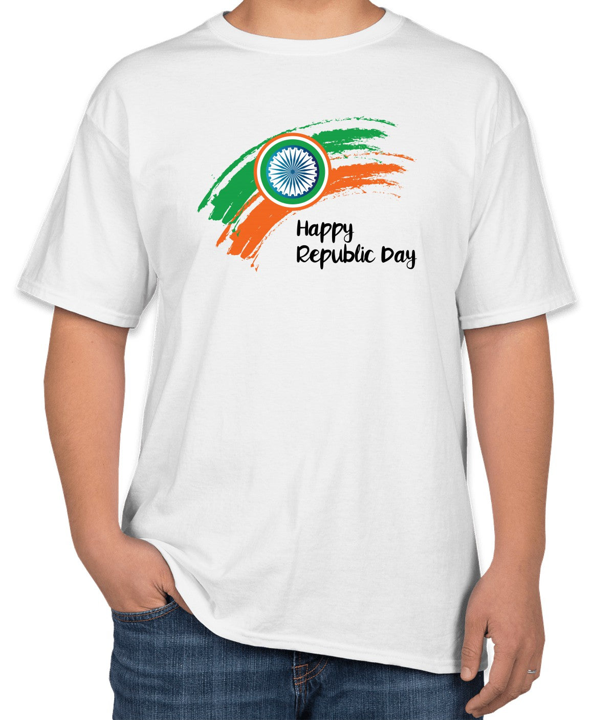 White Cotton T-Shirt with "Happy Republic Day" Text | Half Sleeve | Sizes S, M, L