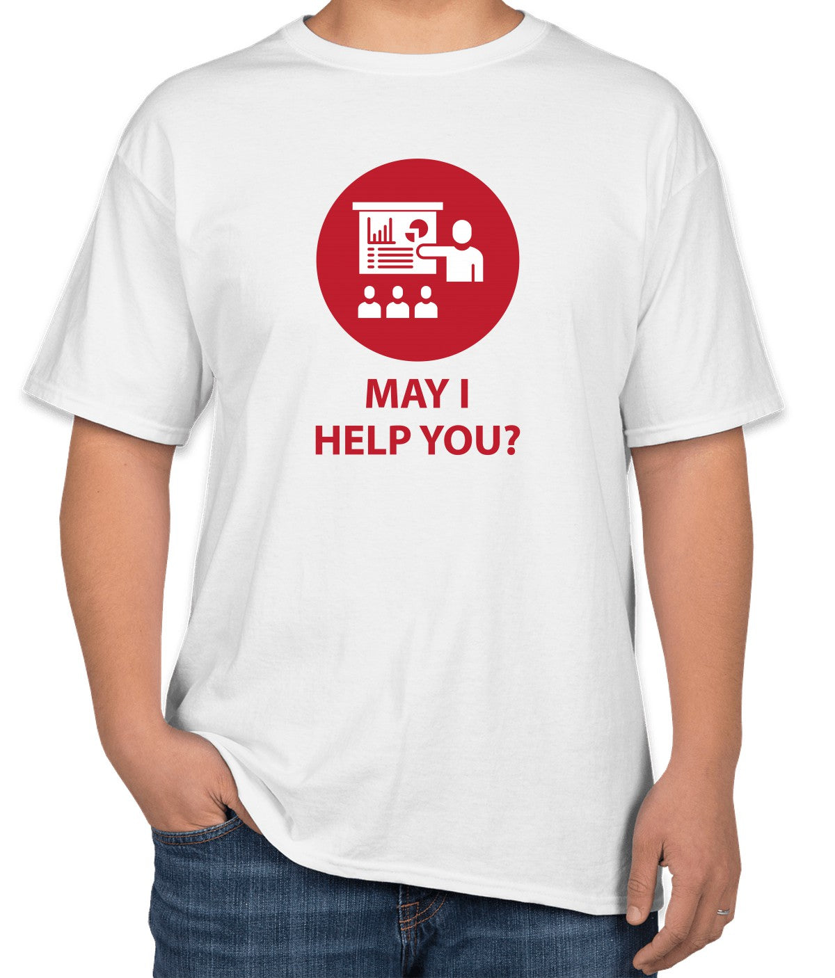 White Cotton T-Shirt with 'May I Help You?' Text | Sizes S, M, L