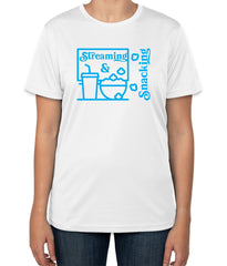 White Cotton T-Shirt with 'Streaming & Snacking' Text | Movie Night Apparel | Sizes S, M, L